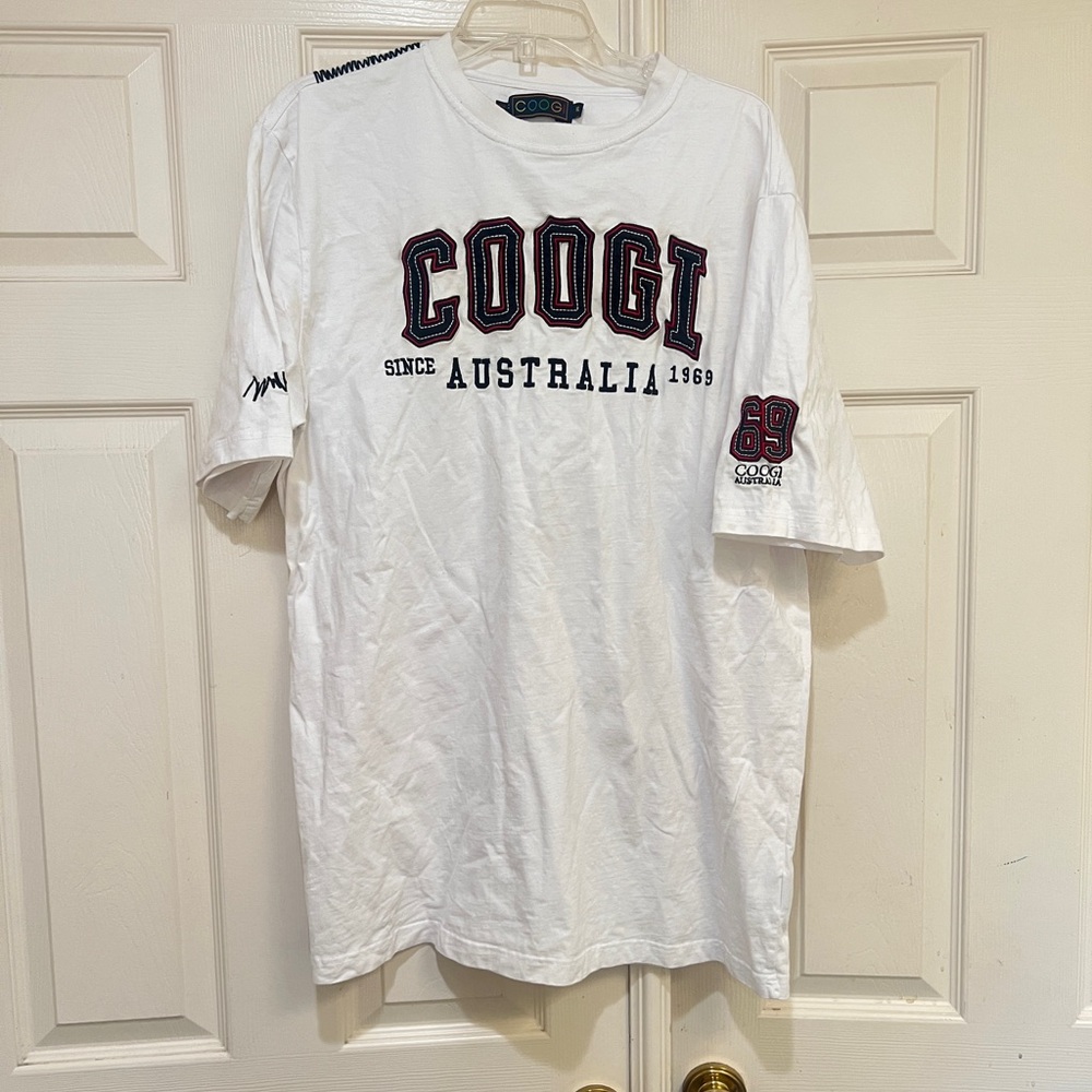 VNTG Coogi Shirt Men XL White Thick  Embroidered‎ Graphic Spell Out T Tee Y2K *